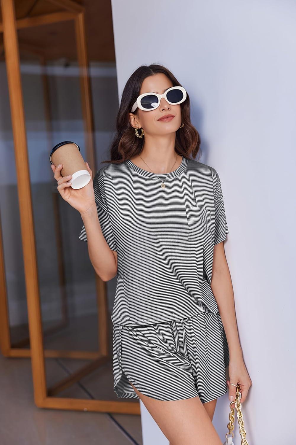imageEkouaer Womens Pajama Sets Sexy Lounge Sets Side Split Short Pj Sets Cute Pjs 2 Piece Comfy Sleepwear LoungewearBlack and White Stripes