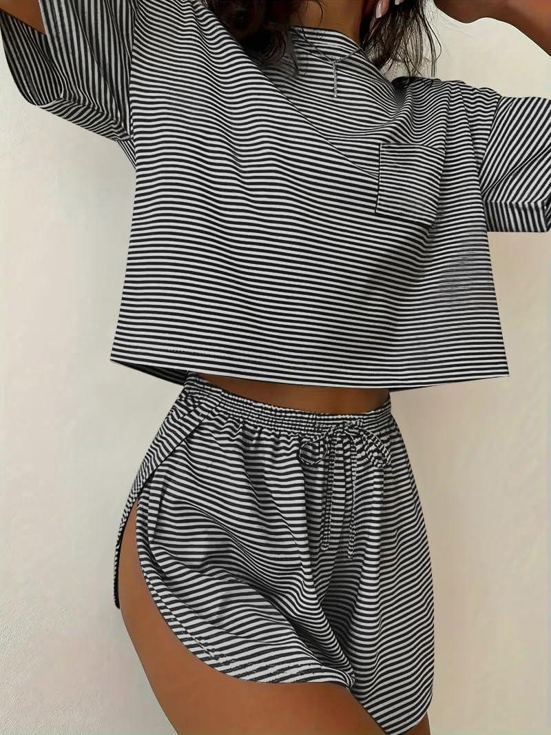 imageEkouaer Womens Pajama Sets Sexy Lounge Sets Side Split Short Pj Sets Cute Pjs 2 Piece Comfy Sleepwear LoungewearBlack and White Stripes