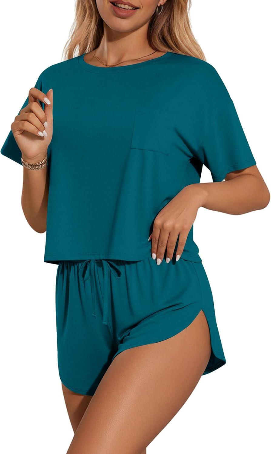 imageEkouaer Womens Pajama Sets Sexy Lounge Sets Side Split Short Pj Sets Cute Pjs 2 Piece Comfy Sleepwear LoungewearBlue Green