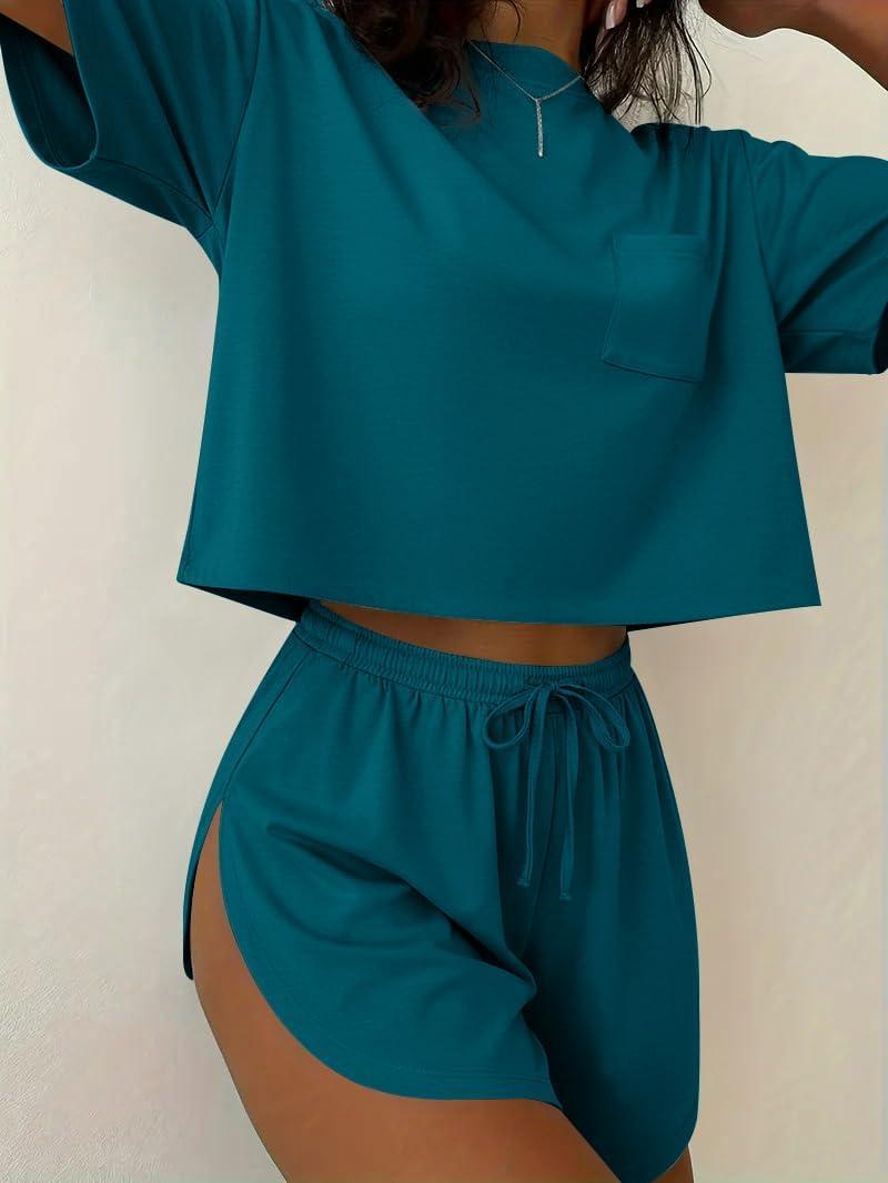 imageEkouaer Womens Pajama Sets Sexy Lounge Sets Side Split Short Pj Sets Cute Pjs 2 Piece Comfy Sleepwear LoungewearBlue Green