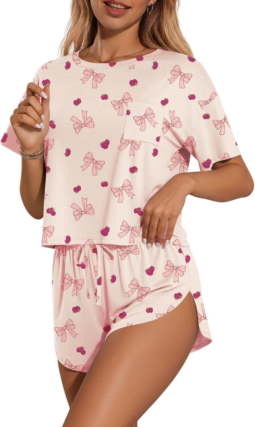 imageEkouaer Womens Pajama Sets Sexy Lounge Sets Side Split Short Pj Sets Cute Pjs 2 Piece Comfy Sleepwear LoungewearBow and Raspberry
