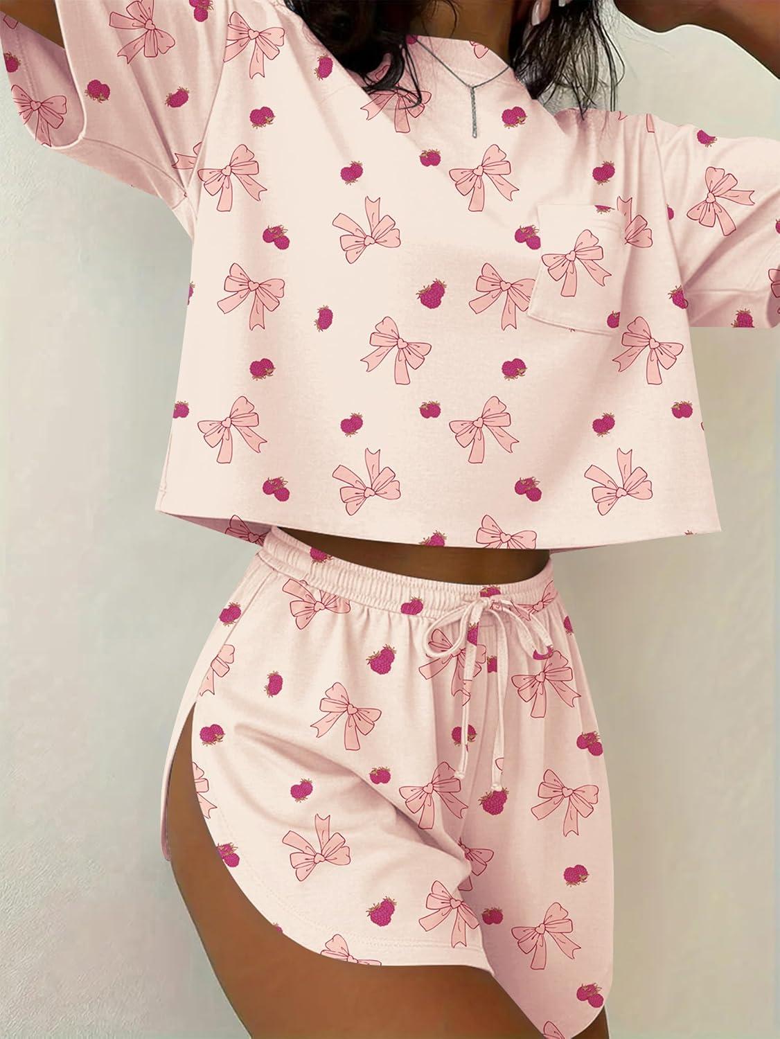 imageEkouaer Womens Pajama Sets Sexy Lounge Sets Side Split Short Pj Sets Cute Pjs 2 Piece Comfy Sleepwear LoungewearBow and Raspberry