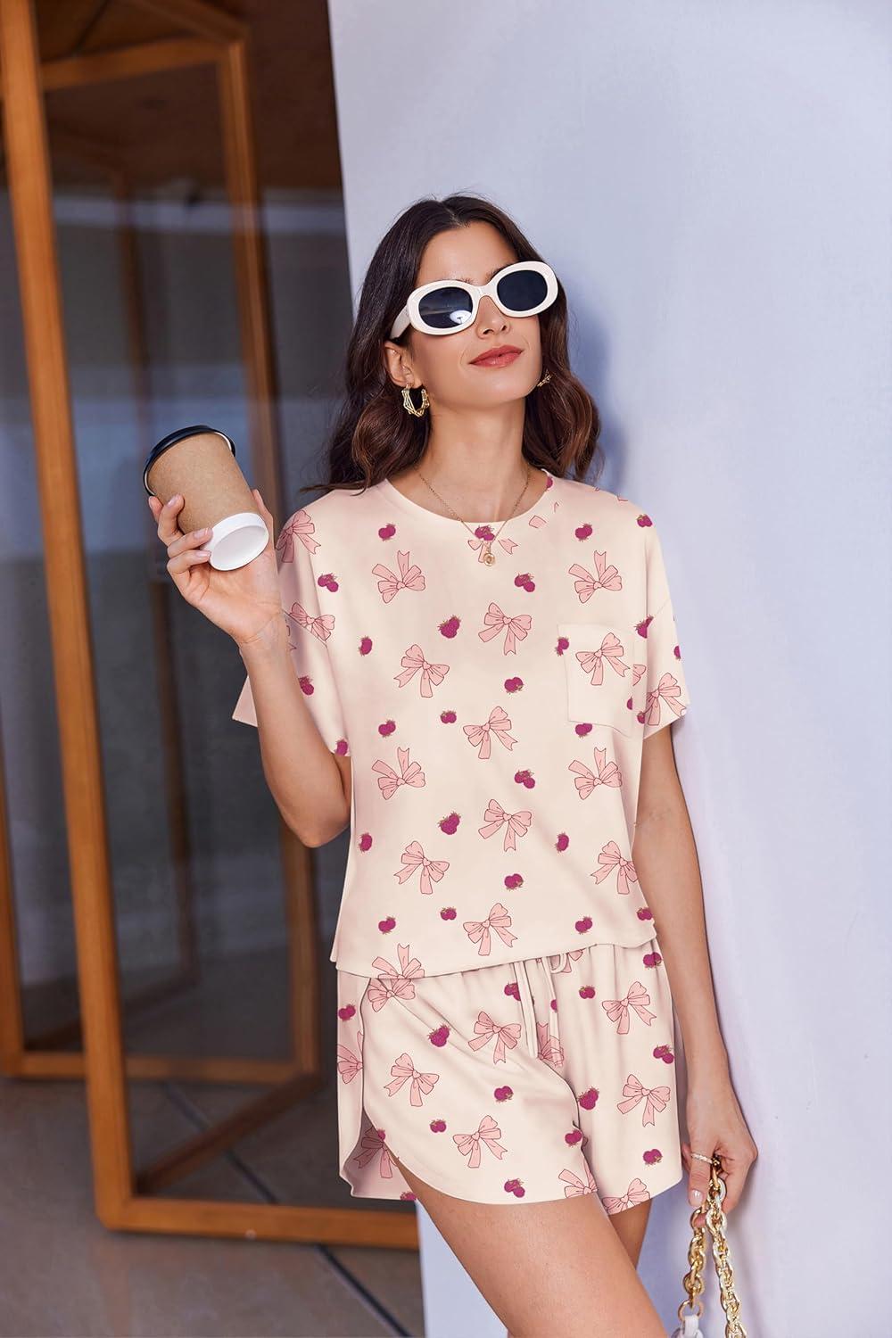 imageEkouaer Womens Pajama Sets Sexy Lounge Sets Side Split Short Pj Sets Cute Pjs 2 Piece Comfy Sleepwear LoungewearBow and Raspberry
