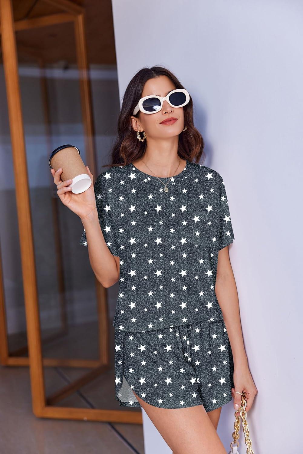 imageEkouaer Womens Pajama Sets Sexy Lounge Sets Side Split Short Pj Sets Cute Pjs 2 Piece Comfy Sleepwear LoungewearFivepointed Star