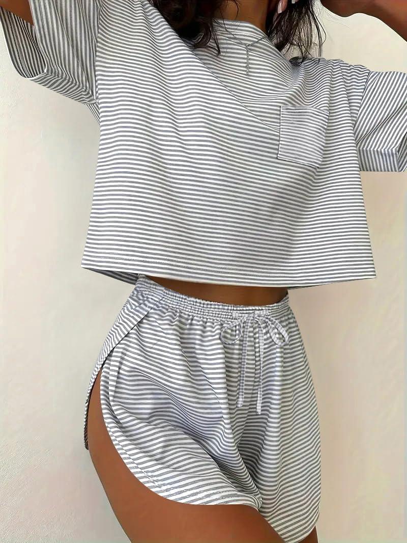 imageEkouaer Womens Pajama Sets Sexy Lounge Sets Side Split Short Pj Sets Cute Pjs 2 Piece Comfy Sleepwear LoungewearGraywhite Stripes