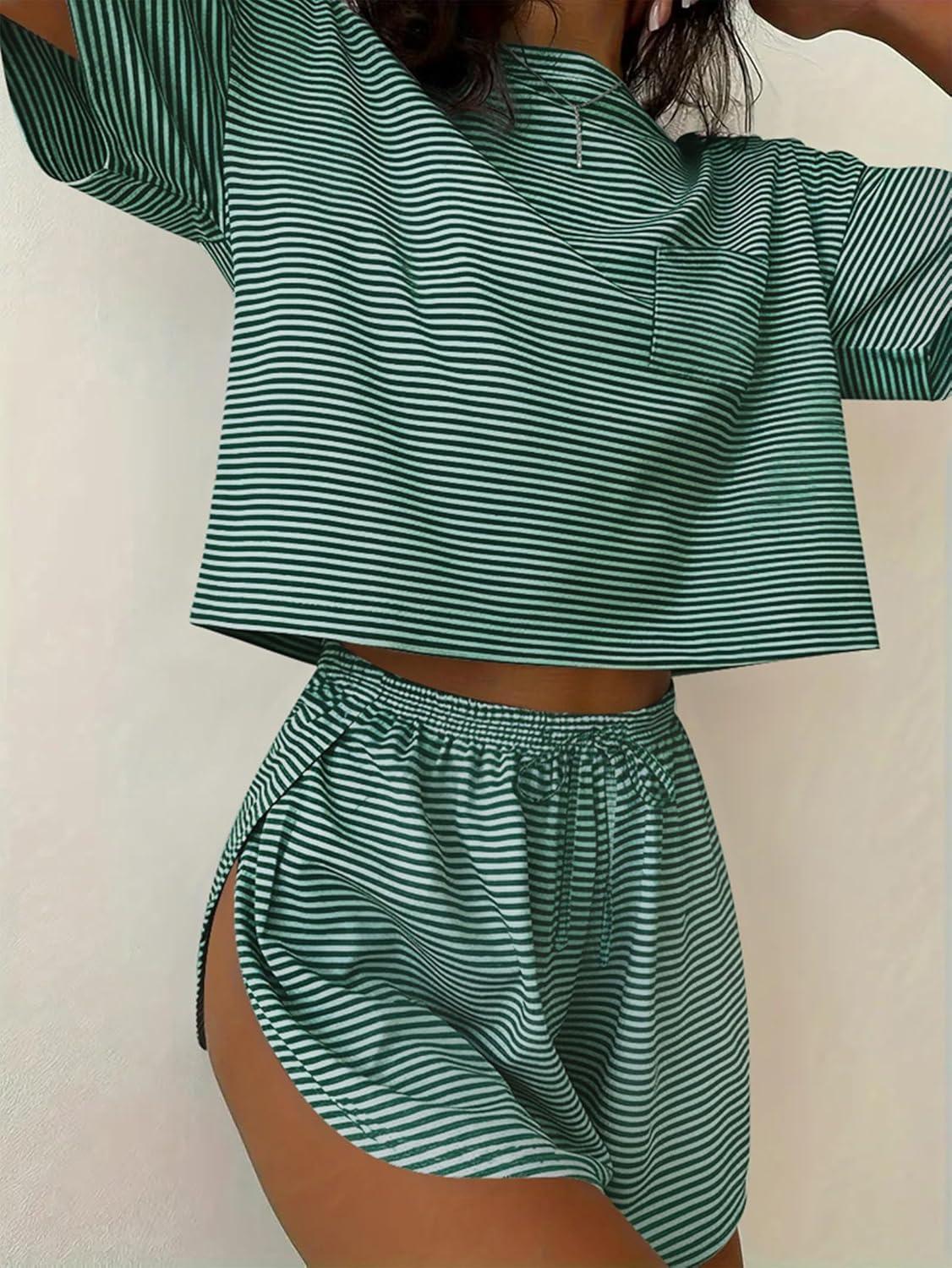 imageEkouaer Womens Pajama Sets Sexy Lounge Sets Side Split Short Pj Sets Cute Pjs 2 Piece Comfy Sleepwear LoungewearGreen and White Stripes