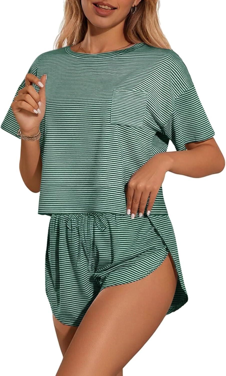 imageEkouaer Womens Pajama Sets Sexy Lounge Sets Side Split Short Pj Sets Cute Pjs 2 Piece Comfy Sleepwear LoungewearGreen and White Stripes