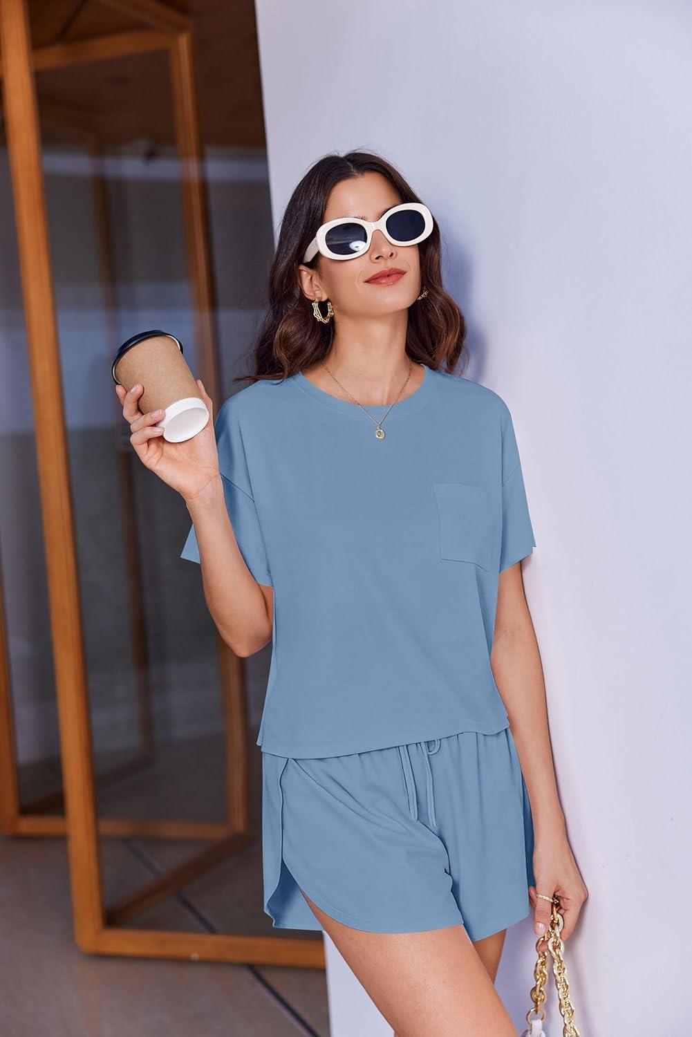 imageEkouaer Womens Pajama Sets Sexy Lounge Sets Side Split Short Pj Sets Cute Pjs 2 Piece Comfy Sleepwear LoungewearLight Blue