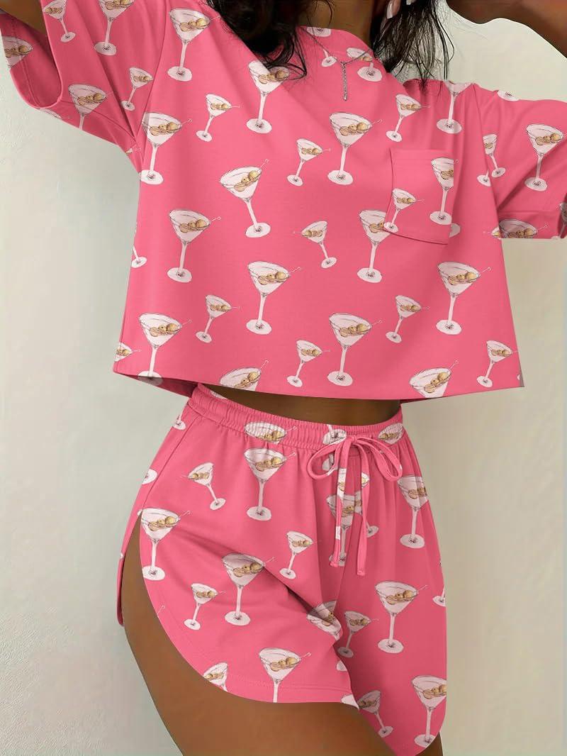 imageEkouaer Womens Pajama Sets Sexy Lounge Sets Side Split Short Pj Sets Cute Pjs 2 Piece Comfy Sleepwear LoungewearMartini Glass