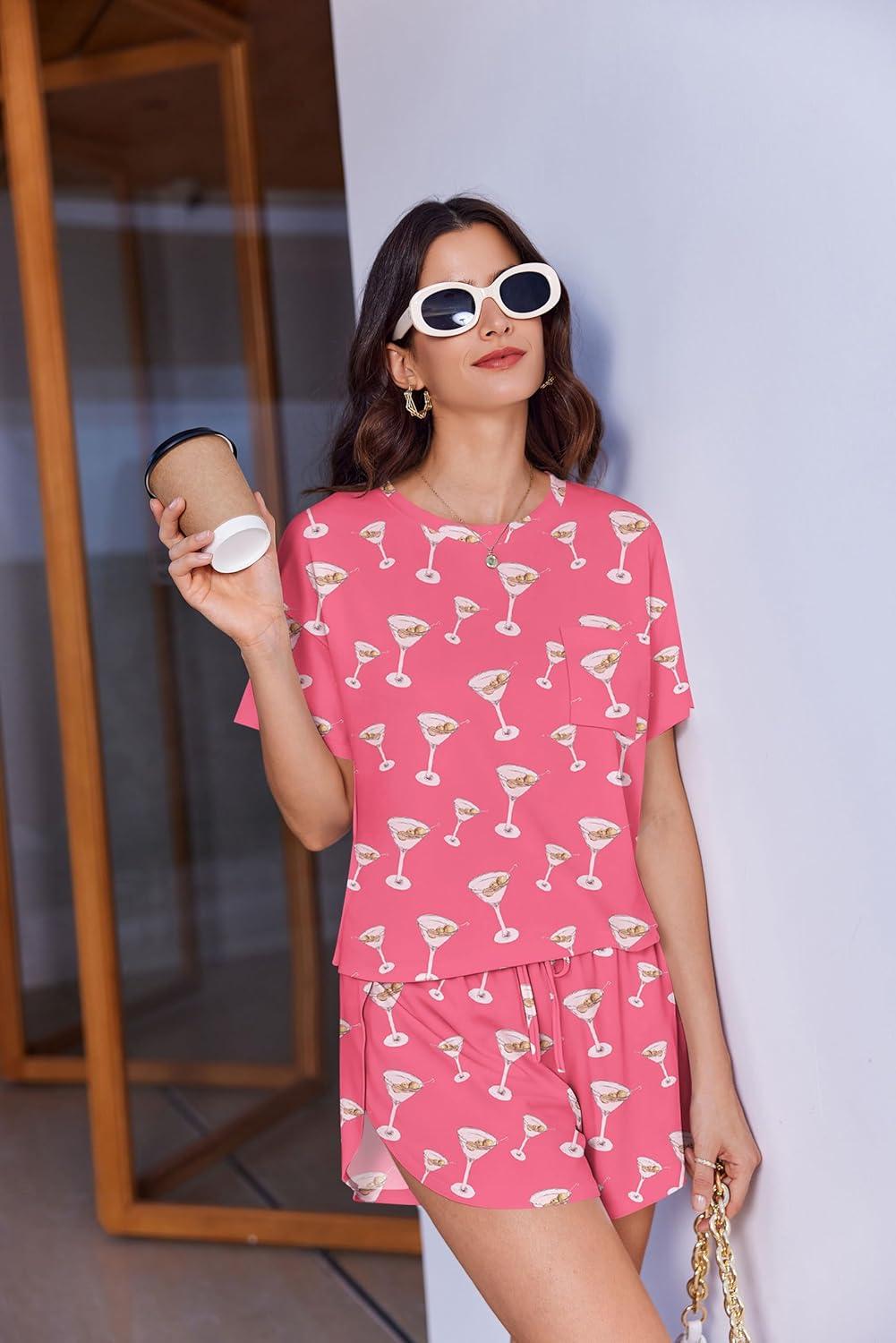 imageEkouaer Womens Pajama Sets Sexy Lounge Sets Side Split Short Pj Sets Cute Pjs 2 Piece Comfy Sleepwear LoungewearMartini Glass