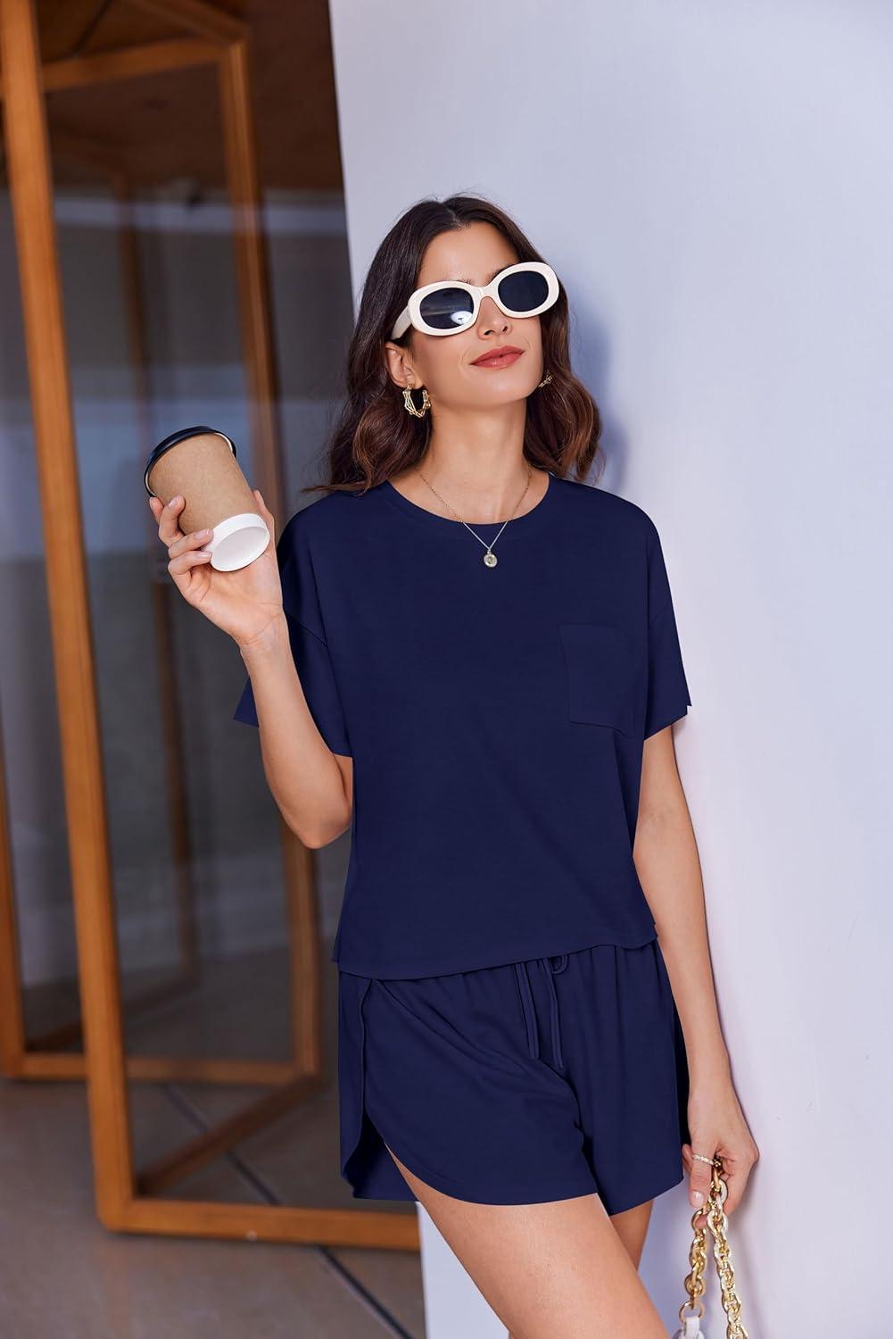 imageEkouaer Womens Pajama Sets Sexy Lounge Sets Side Split Short Pj Sets Cute Pjs 2 Piece Comfy Sleepwear LoungewearNavy Blue