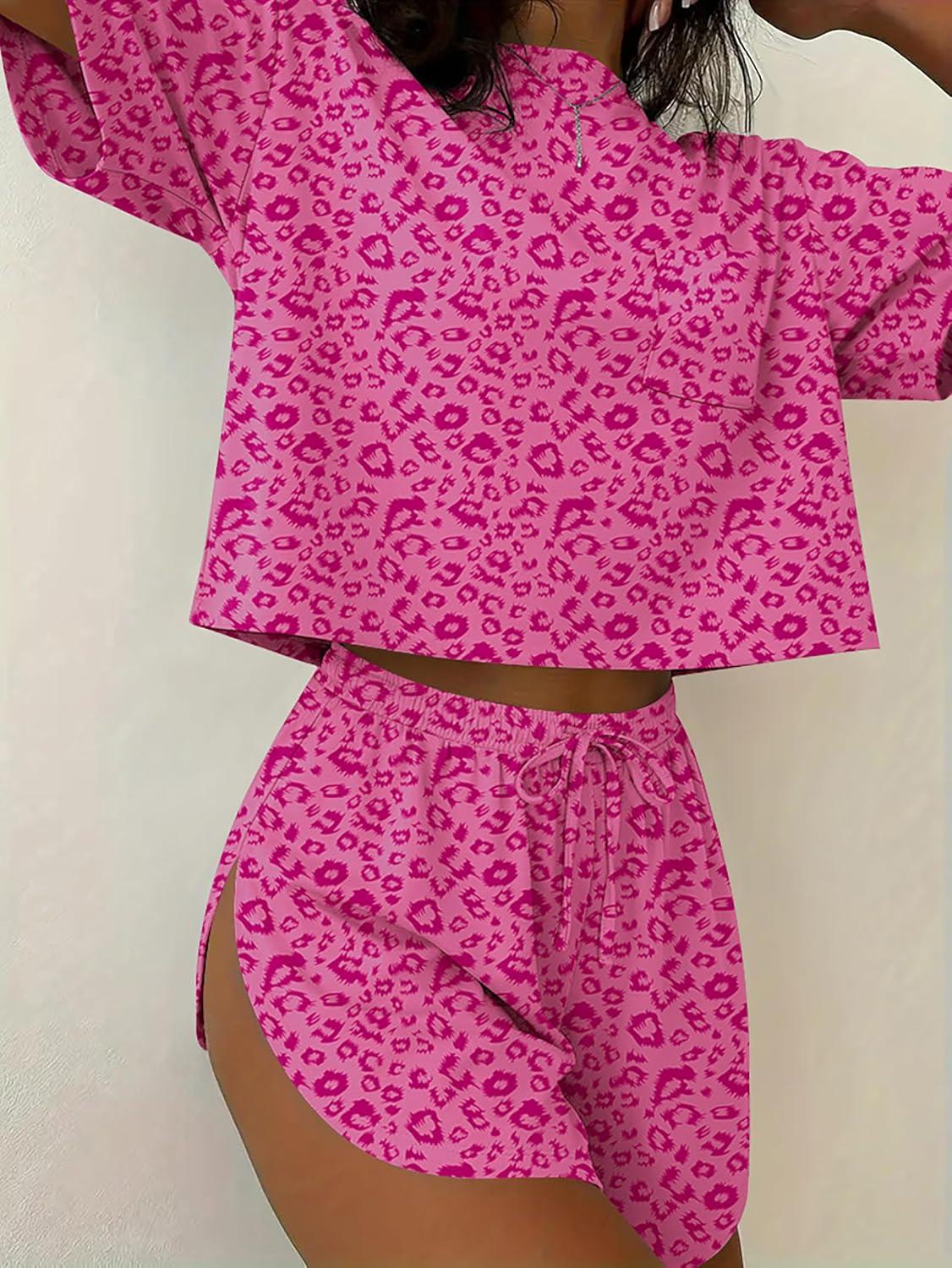 imageEkouaer Womens Pajama Sets Sexy Lounge Sets Side Split Short Pj Sets Cute Pjs 2 Piece Comfy Sleepwear LoungewearPink Leopard