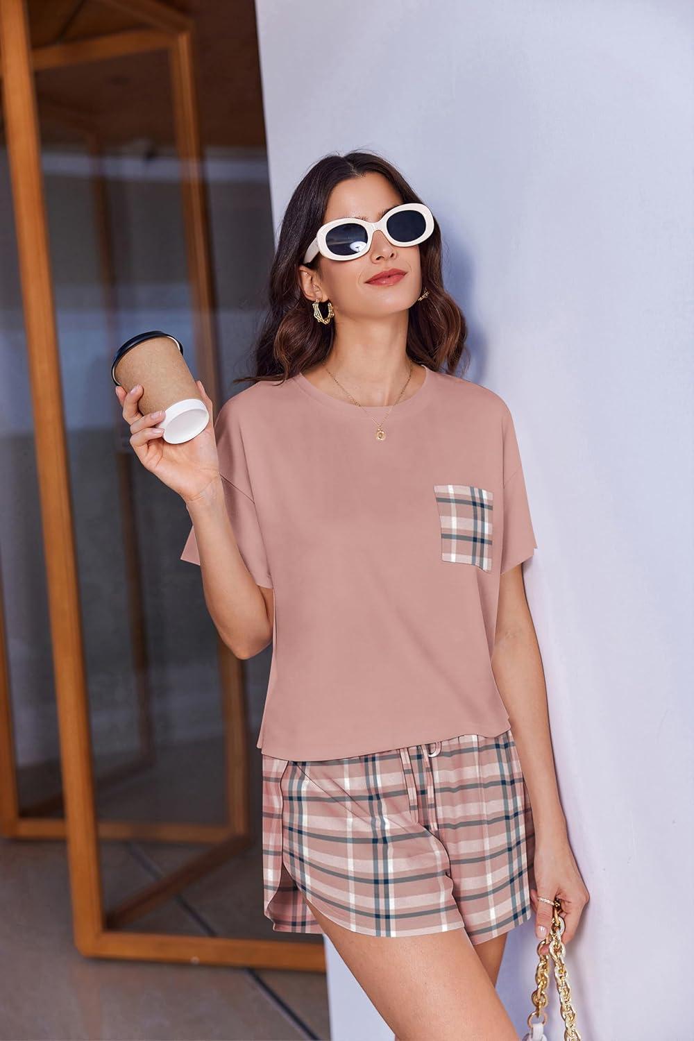 imageEkouaer Womens Pajama Sets Sexy Lounge Sets Side Split Short Pj Sets Cute Pjs 2 Piece Comfy Sleepwear LoungewearPink Plaid