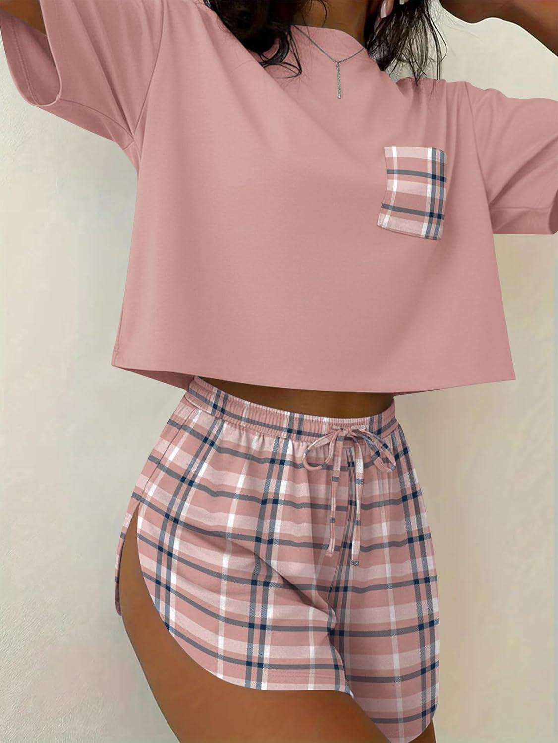 imageEkouaer Womens Pajama Sets Sexy Lounge Sets Side Split Short Pj Sets Cute Pjs 2 Piece Comfy Sleepwear LoungewearPink Plaid