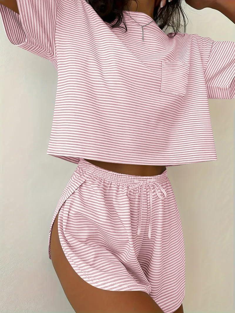 imageEkouaer Womens Pajama Sets Sexy Lounge Sets Side Split Short Pj Sets Cute Pjs 2 Piece Comfy Sleepwear LoungewearPink and White Stripes