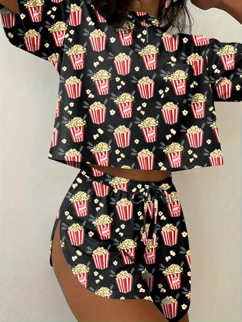 imageEkouaer Womens Pajama Sets Sexy Lounge Sets Side Split Short Pj Sets Cute Pjs 2 Piece Comfy Sleepwear LoungewearPopcorn