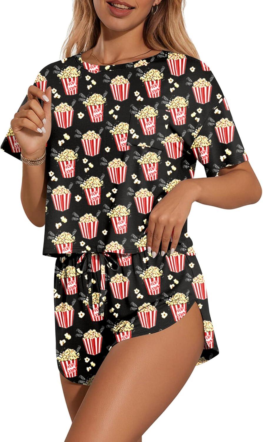 imageEkouaer Womens Pajama Sets Sexy Lounge Sets Side Split Short Pj Sets Cute Pjs 2 Piece Comfy Sleepwear LoungewearPopcorn