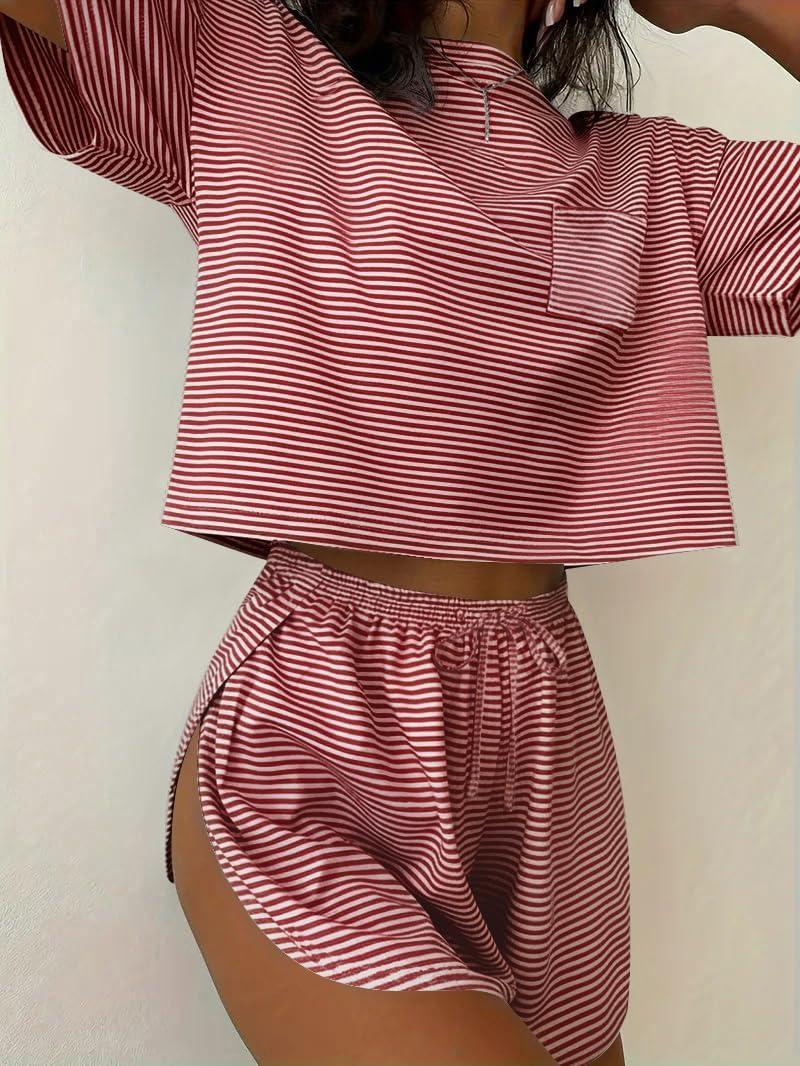 imageEkouaer Womens Pajama Sets Sexy Lounge Sets Side Split Short Pj Sets Cute Pjs 2 Piece Comfy Sleepwear LoungewearRed and White Stripes
