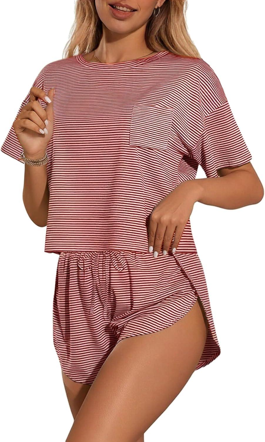 imageEkouaer Womens Pajama Sets Sexy Lounge Sets Side Split Short Pj Sets Cute Pjs 2 Piece Comfy Sleepwear LoungewearRed and White Stripes