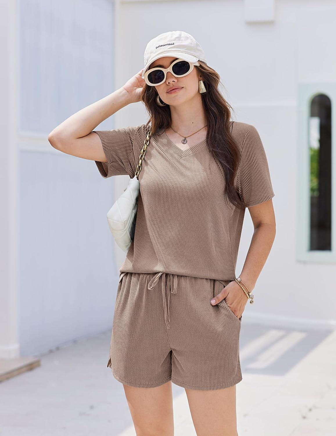 imageEkouaer Womens Pajama Sets Short Sleeve Knit Lounge Set 2 Piece Pj Sets for Women V Neck Casual LoungewearDust Pink