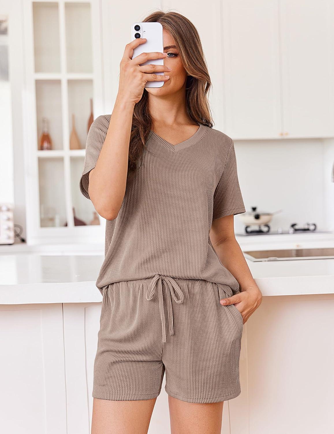 imageEkouaer Womens Pajama Sets Short Sleeve Knit Lounge Set 2 Piece Pj Sets for Women V Neck Casual LoungewearDust Pink