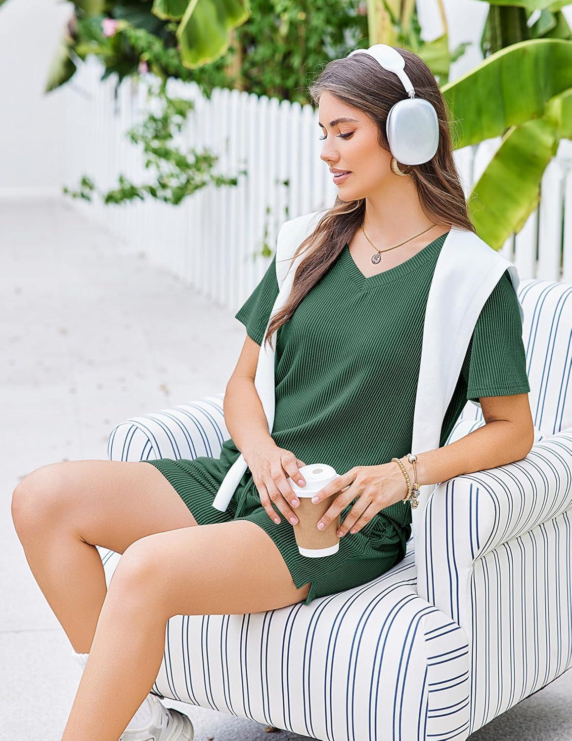 imageEkouaer Womens Pajama Sets Short Sleeve Knit Lounge Set 2 Piece Pj Sets for Women V Neck Casual LoungewearGreen