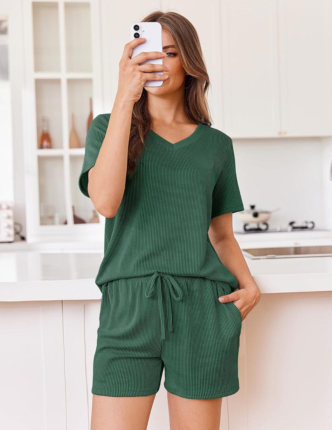 imageEkouaer Womens Pajama Sets Short Sleeve Knit Lounge Set 2 Piece Pj Sets for Women V Neck Casual LoungewearGreen