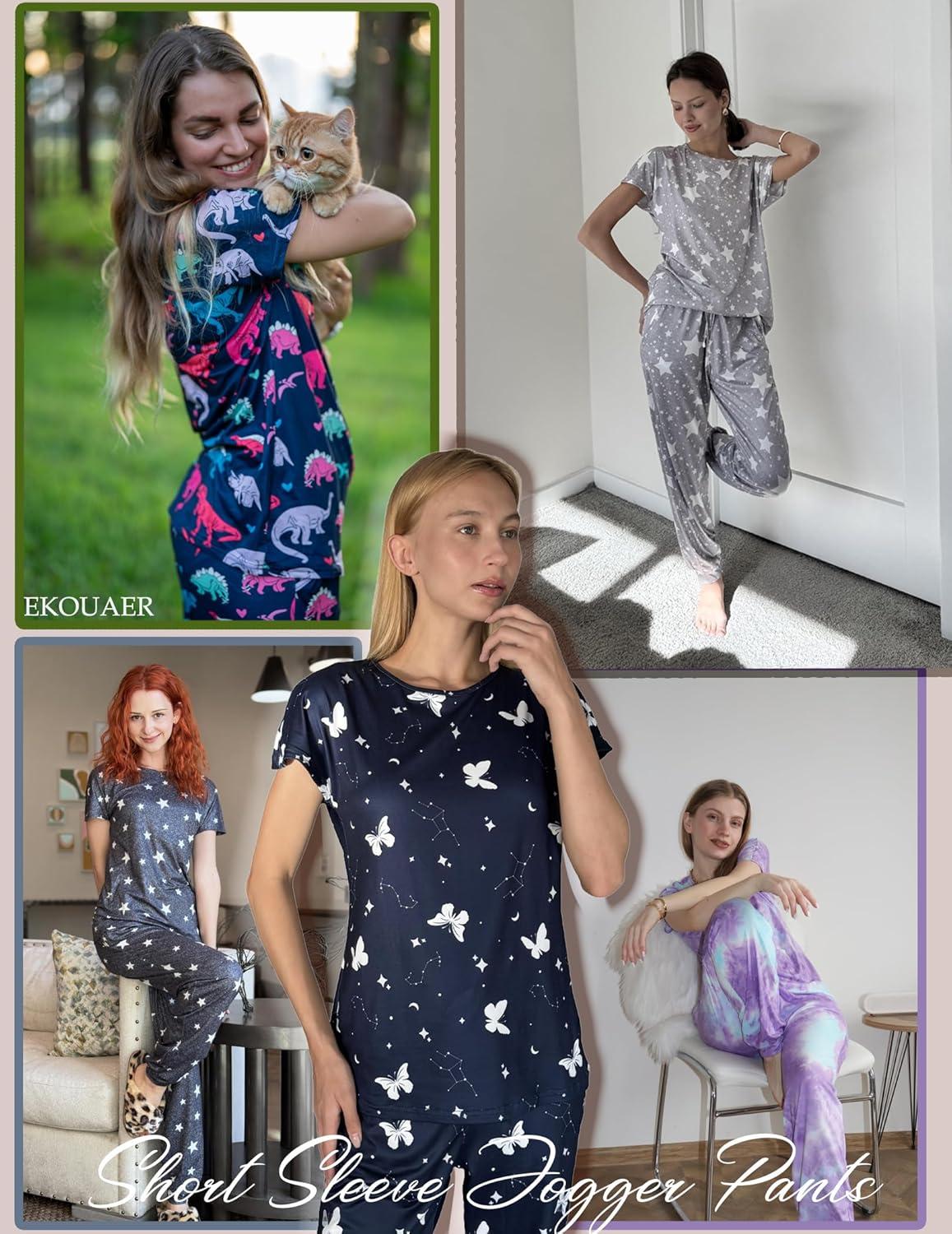 imageEkouaer Womens Pajama Sets Short Sleeve Lounge Sets for Women Printed Jogger Pajama Set 2 Piece Pj Sets With Pockets SXXLButterfly