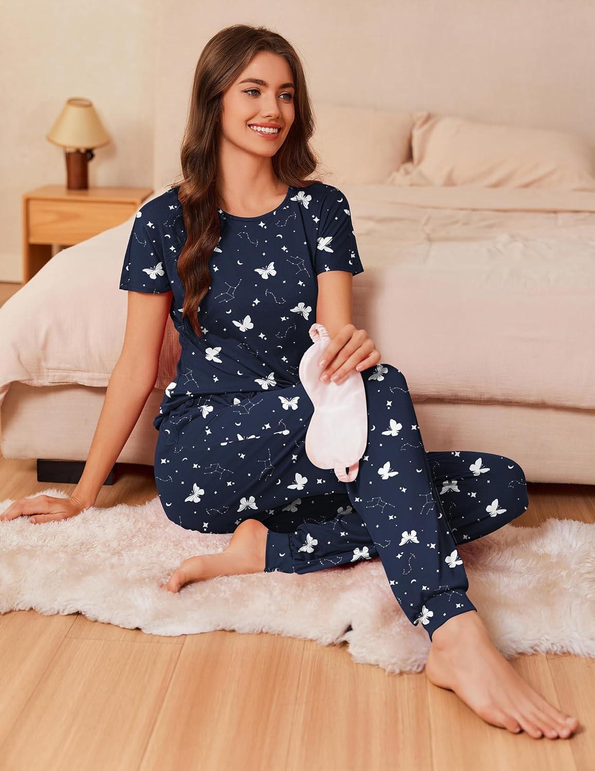 imageEkouaer Womens Pajama Sets Short Sleeve Lounge Sets for Women Printed Jogger Pajama Set 2 Piece Pj Sets With Pockets SXXLButterfly