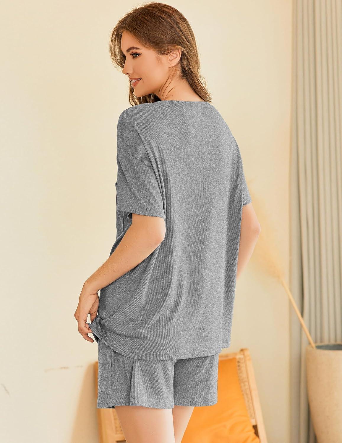 imageEkouaer Womens Pajama Sets Short Sleeve Ribbed Knit Pjs Soft Summer Sleepwear 2 Piece Lounge SetsGrey
