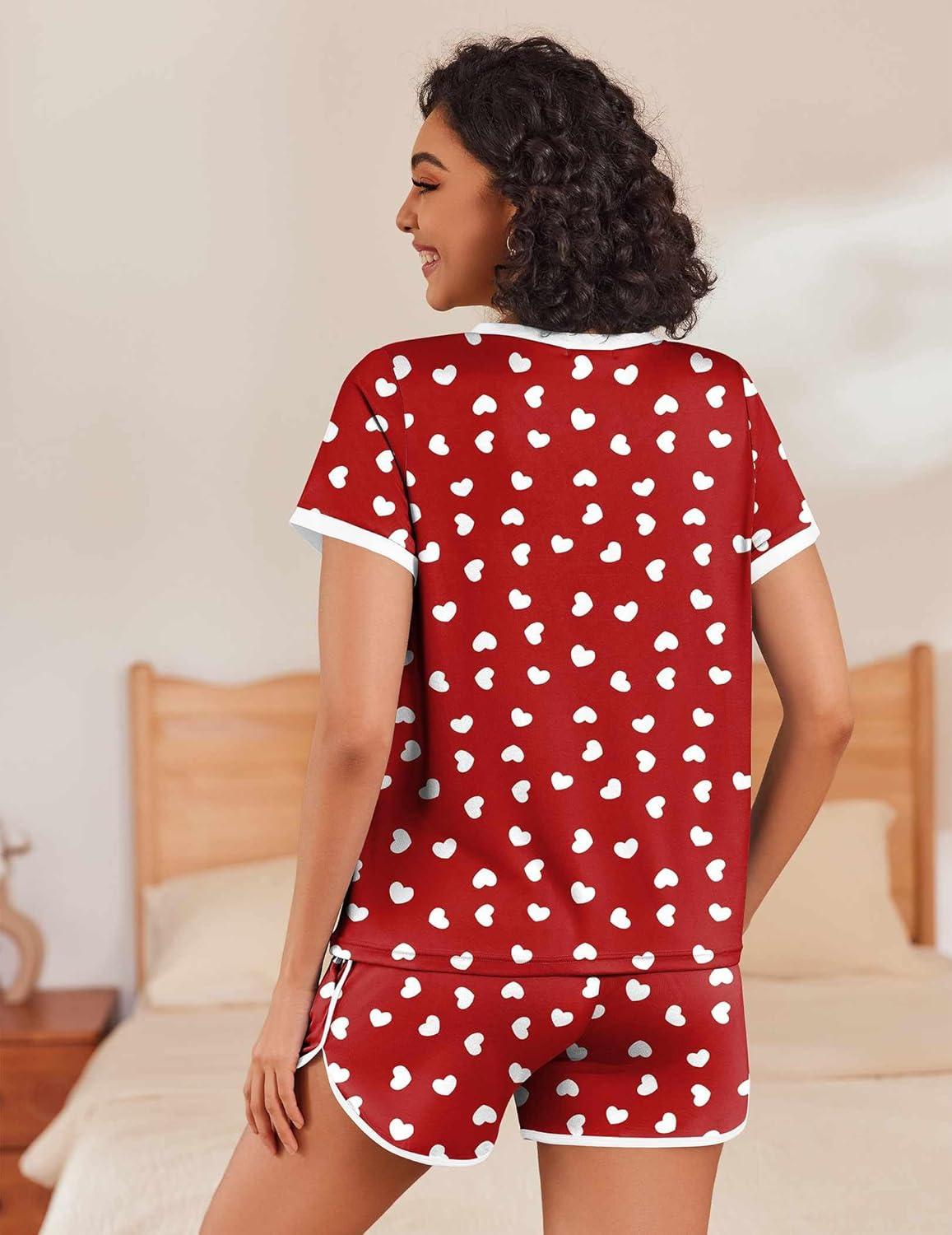 imageEkouaer Womens Pajama Short Sets Lounge Sets for Women 2 Piece Soft Pjs Set Casual V Neck Sleepwear with Pockets00 Red Love