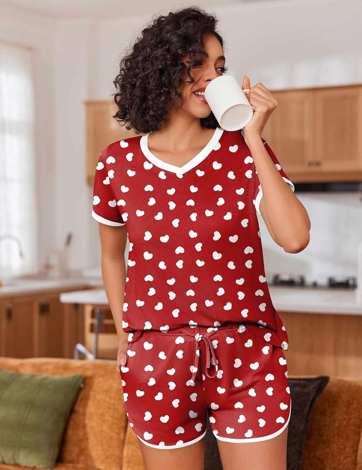 imageEkouaer Womens Pajama Short Sets Lounge Sets for Women 2 Piece Soft Pjs Set Casual V Neck Sleepwear with Pockets00 Red Love
