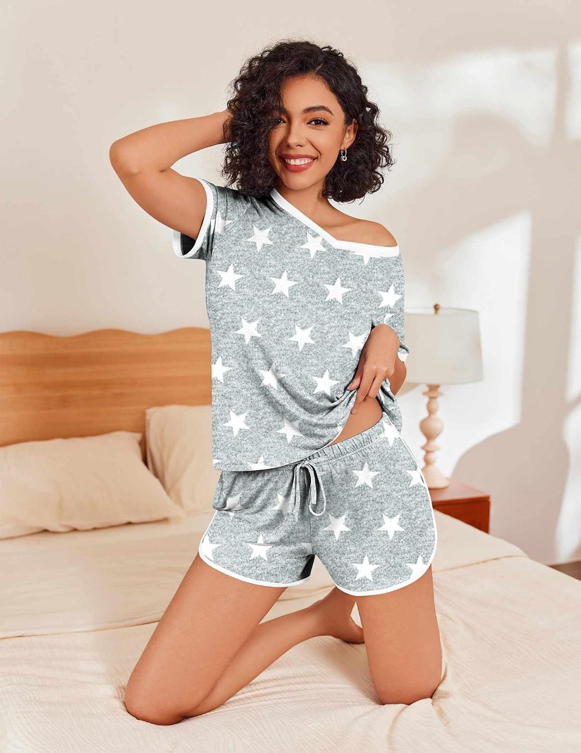 imageEkouaer Womens Pajama Short Sets Lounge Sets for Women 2 Piece Soft Pjs Set Casual V Neck Sleepwear with Pockets01 Light Grey Star