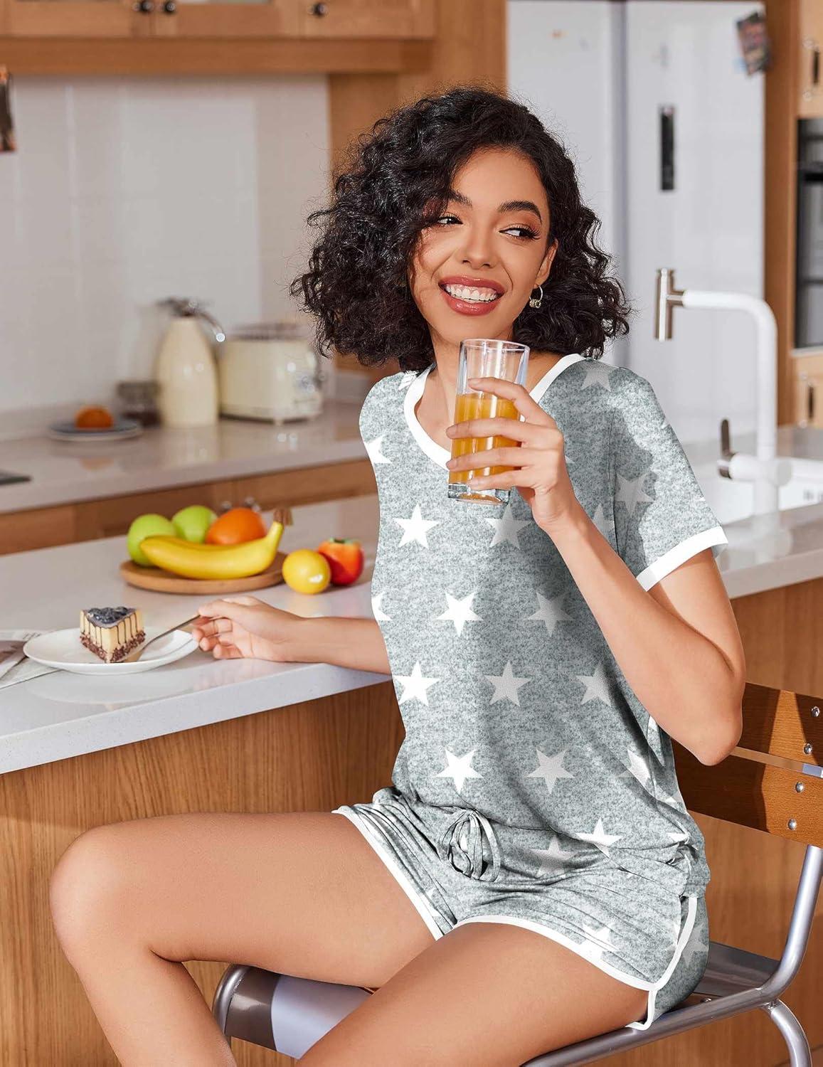 imageEkouaer Womens Pajama Short Sets Lounge Sets for Women 2 Piece Soft Pjs Set Casual V Neck Sleepwear with Pockets01 Light Grey Star