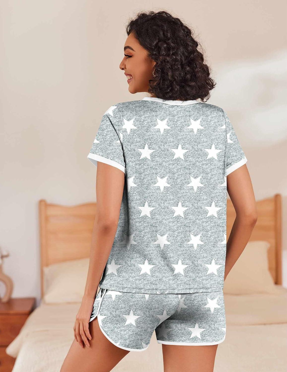 imageEkouaer Womens Pajama Short Sets Lounge Sets for Women 2 Piece Soft Pjs Set Casual V Neck Sleepwear with Pockets01 Light Grey Star