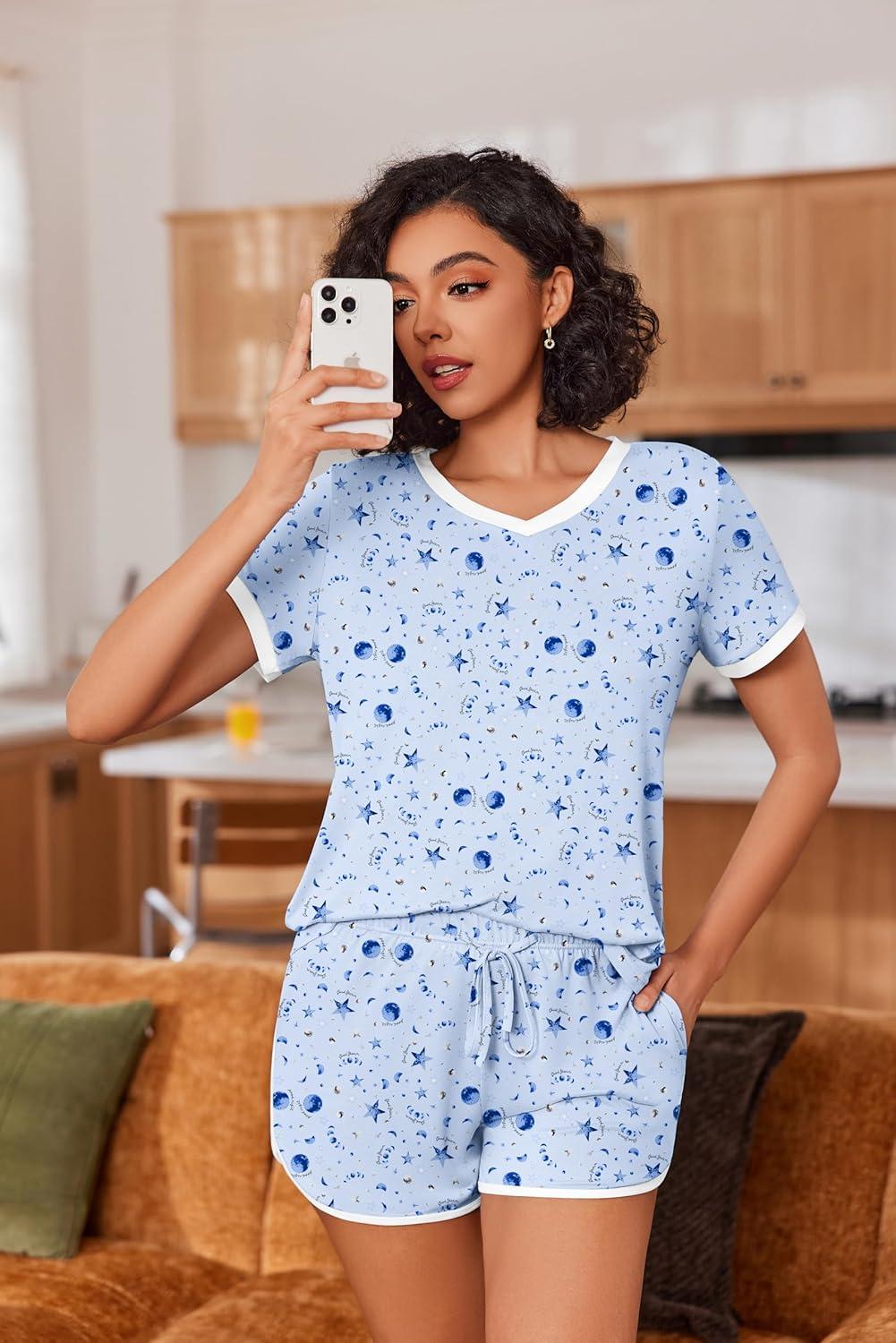 imageEkouaer Womens Pajama Short Sets Lounge Sets for Women 2 Piece Soft Pjs Set Casual V Neck Sleepwear with PocketsPlanet and Moon