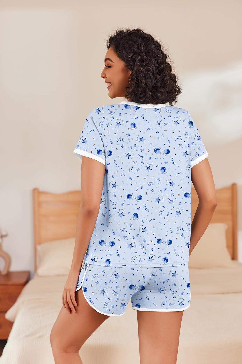 imageEkouaer Womens Pajama Short Sets Lounge Sets for Women 2 Piece Soft Pjs Set Casual V Neck Sleepwear with PocketsPlanet and Moon