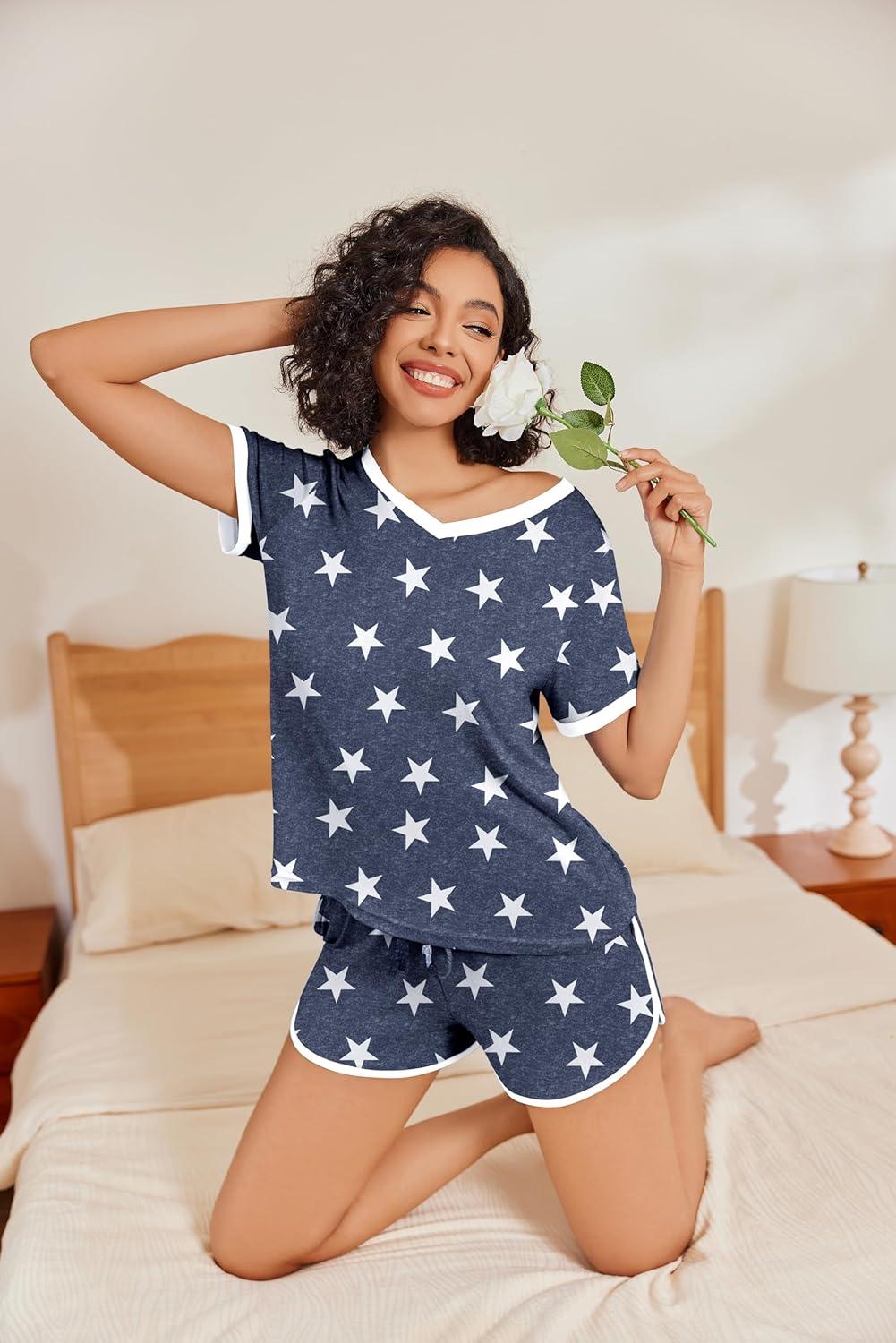 imageEkouaer Womens Pajama Short Sets Lounge Sets for Women 2 Piece Soft Pjs Set Casual V Neck Sleepwear with PocketsStarsblue