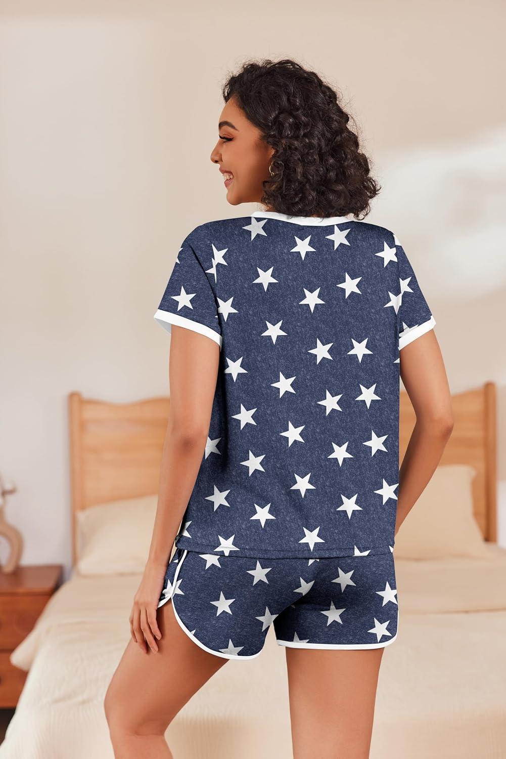imageEkouaer Womens Pajama Short Sets Lounge Sets for Women 2 Piece Soft Pjs Set Casual V Neck Sleepwear with PocketsStarsblue