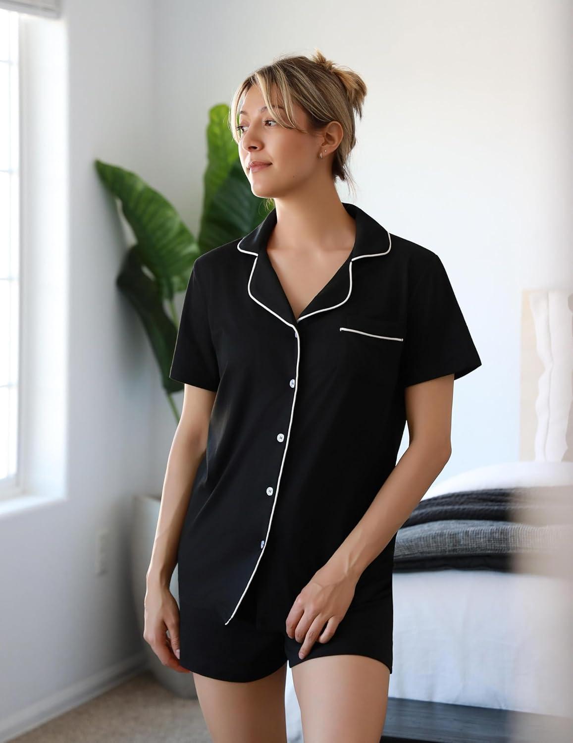 imageEkouaer Womens Pajamas Set Soft Classic Notch Collar Bride Pjs Comfy Short Sleeve Sleepwear LoungewearBlack