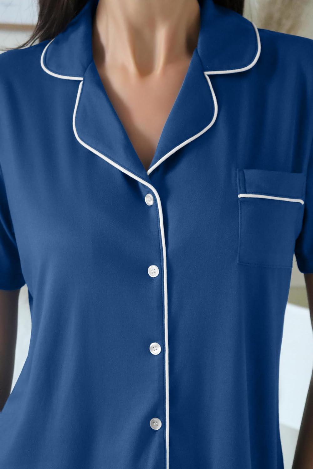 imageEkouaer Womens Pajamas Set Soft Classic Notch Collar Bride Pjs Comfy Short Sleeve Sleepwear LoungewearDark Blue