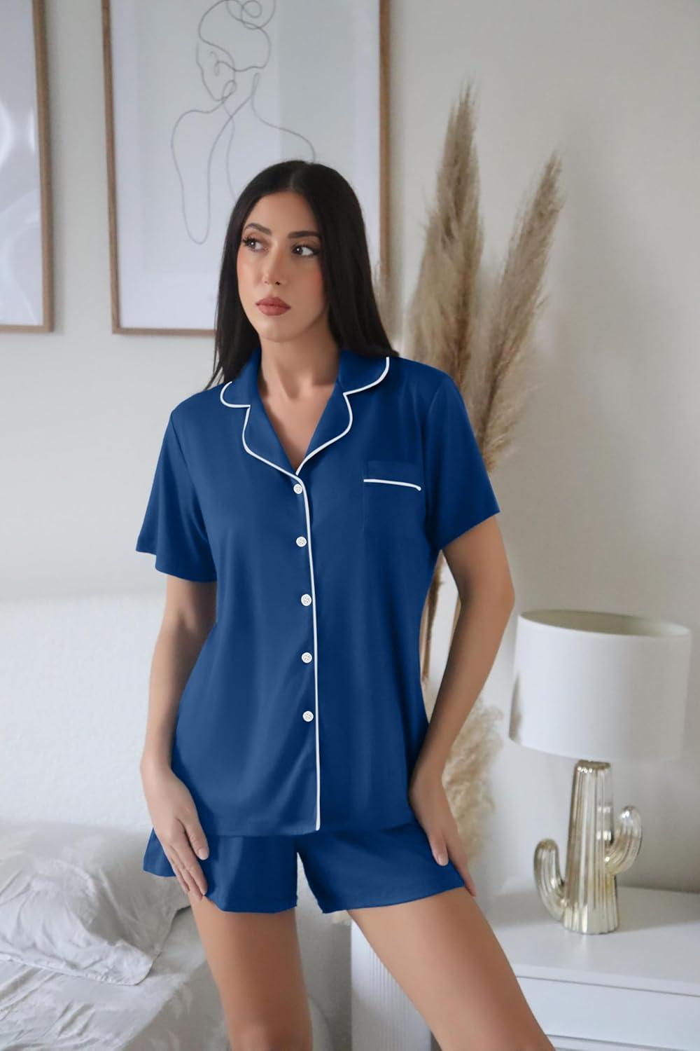 imageEkouaer Womens Pajamas Set Soft Classic Notch Collar Bride Pjs Comfy Short Sleeve Sleepwear LoungewearDark Blue