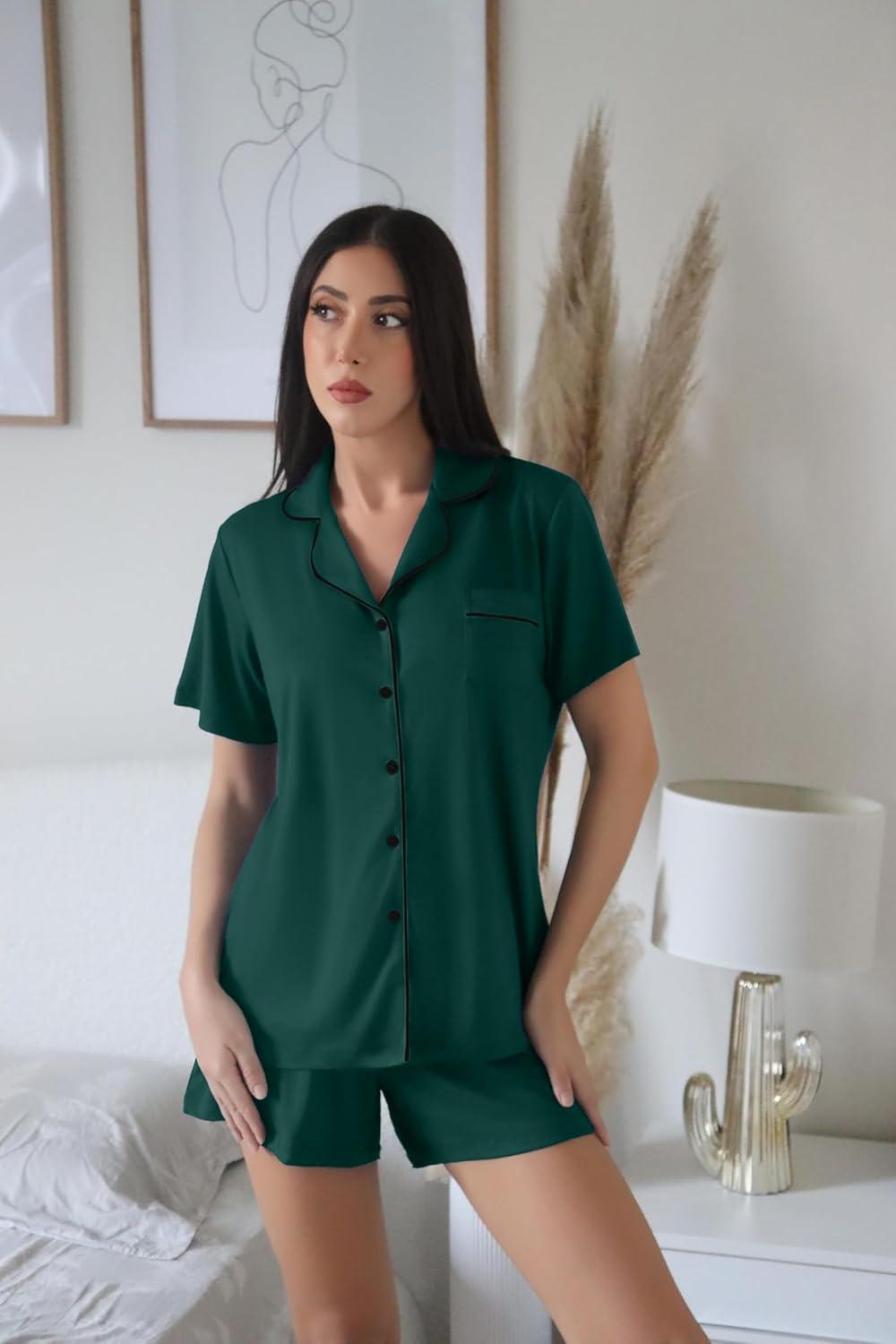 imageEkouaer Womens Pajamas Set Soft Classic Notch Collar Bride Pjs Comfy Short Sleeve Sleepwear LoungewearLake Green