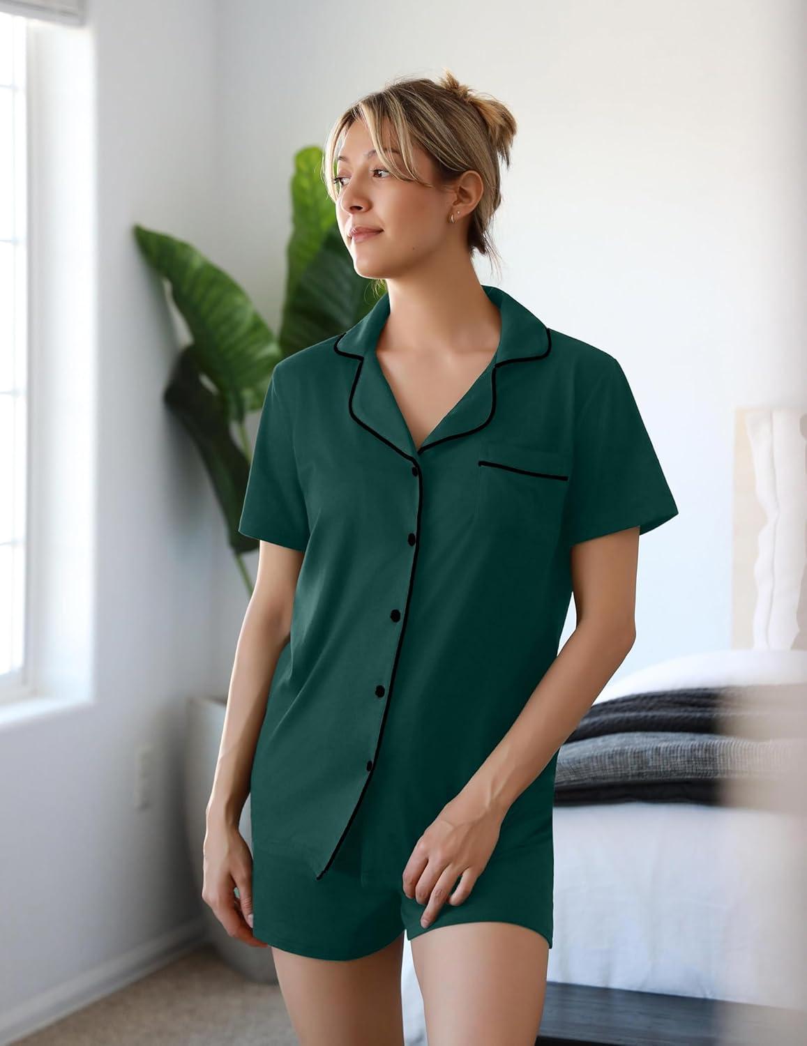 imageEkouaer Womens Pajamas Set Soft Classic Notch Collar Bride Pjs Comfy Short Sleeve Sleepwear LoungewearLake Green