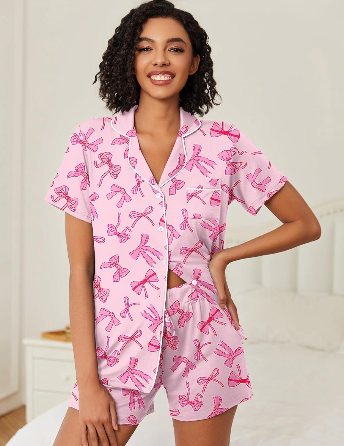 imageEkouaer Womens Pajamas Set Soft Classic Notch Collar Bride Pjs Comfy Short Sleeve Sleepwear LoungewearPink Bow
