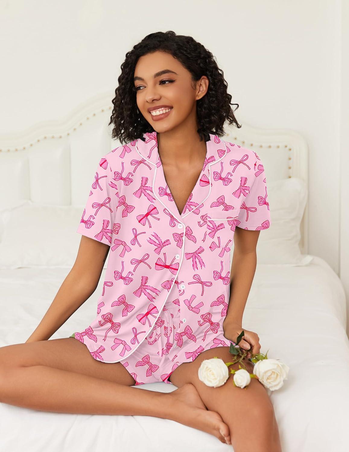imageEkouaer Womens Pajamas Set Soft Classic Notch Collar Bride Pjs Comfy Short Sleeve Sleepwear LoungewearPink Bow