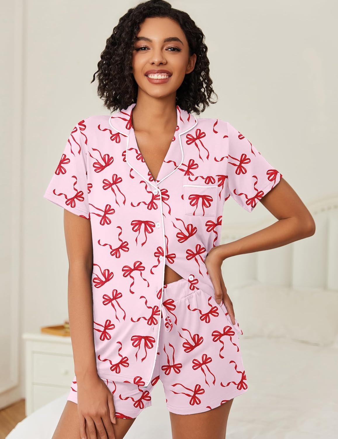 imageEkouaer Womens Pajamas Set Soft Classic Notch Collar Bride Pjs Comfy Short Sleeve Sleepwear LoungewearRed Bow
