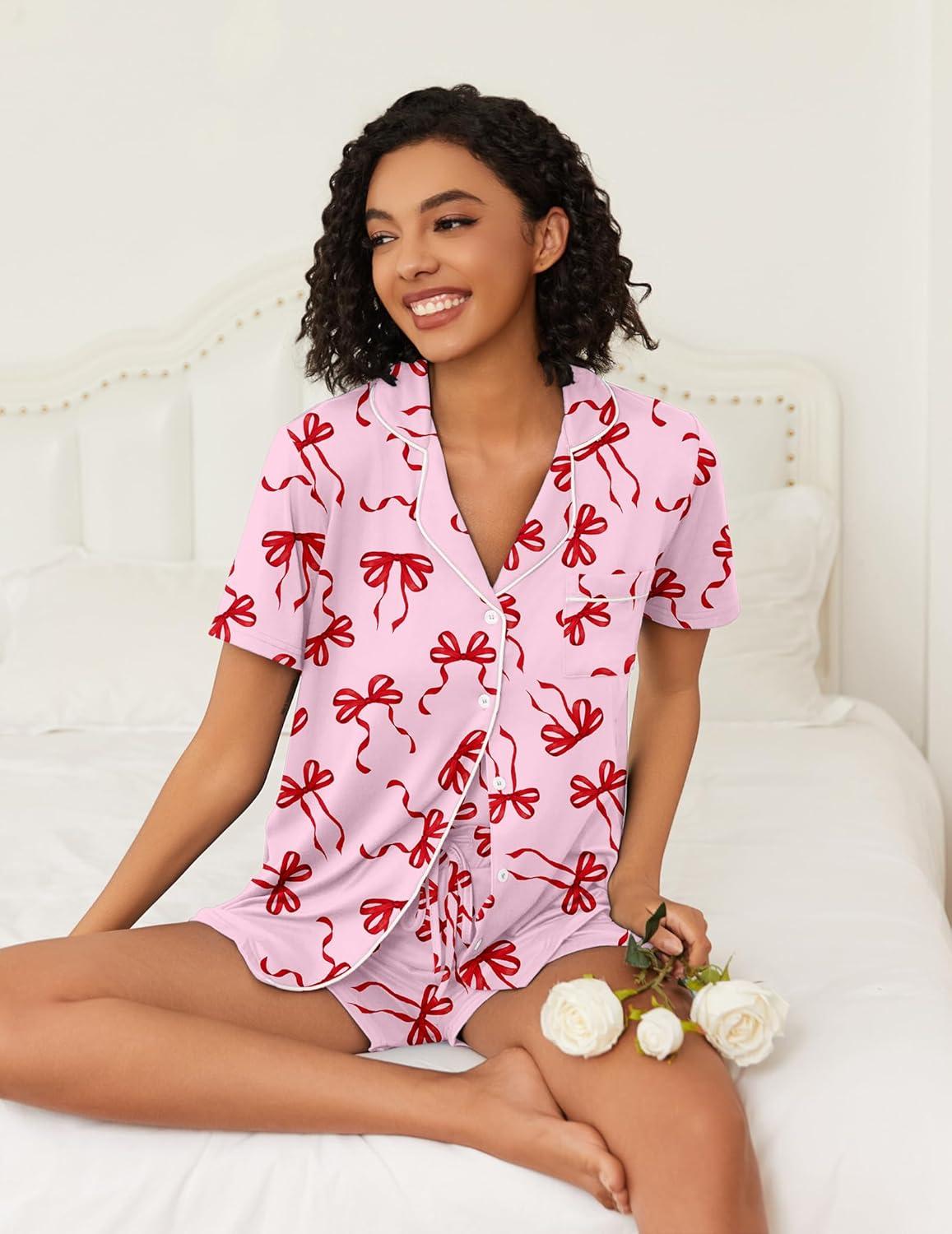 imageEkouaer Womens Pajamas Set Soft Classic Notch Collar Bride Pjs Comfy Short Sleeve Sleepwear LoungewearRed Bow