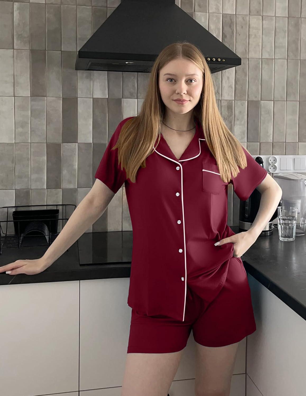 imageEkouaer Womens Pajamas Set Soft Classic Notch Collar Bride Pjs Comfy Short Sleeve Sleepwear LoungewearWine Red