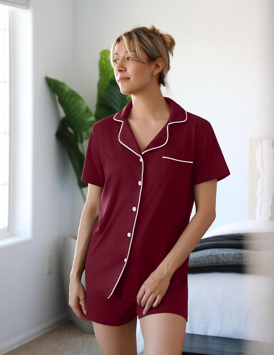 imageEkouaer Womens Pajamas Set Soft Classic Notch Collar Bride Pjs Comfy Short Sleeve Sleepwear LoungewearWine Red